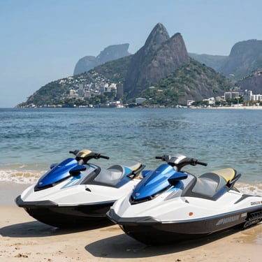 Two modern jet skis parked near a calm beach in Rio de Janeiro, sunny day, clear blue water, clean framing