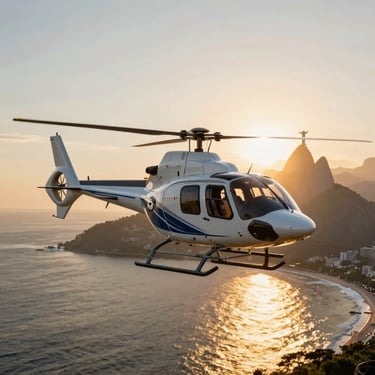 Luxury helicopter hovering over the Rio de Janeiro coastline, golden hour light reflecting on the ocean, Cristo Redentor in the background
