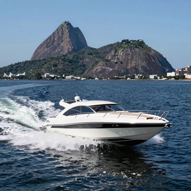 Premium speedboat cruising through the deep blue waters of Guanabara Bay, white wake behind, Sugarloaf Mountain in the background