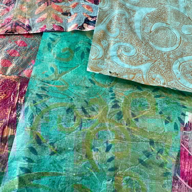 Green and gold collage papers with swirling stencil designs