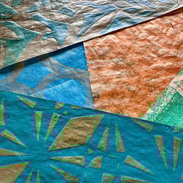 Teal and copper hand-painted collage papers with geometric stencil pattern