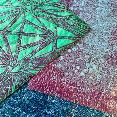 Abstract collage papers in teal and magenta with layered paint