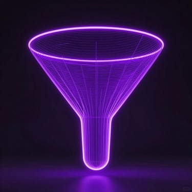 Abstract high-fidelity 3D UI component of a glowing neon purple funnel with precise vector lines, dark background