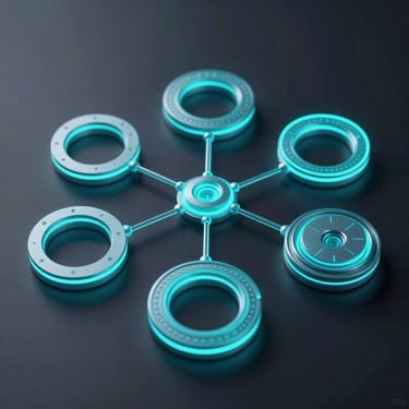 Abstract high-fidelity 3D UI component of interconnected glowing cyan nodes and database rings, dark background