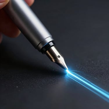 Abstract high-fidelity 3D UI component of a glowing neon pen tip carving a bright digital light path, dark background