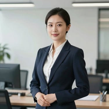 High-key portrait of a female diplomat in a bright modern office, professional lighting, neutral background, elegant posture.