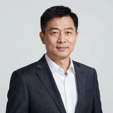 High-key portrait of a male sovereign fund director, bright studio lighting, neutral clean background.