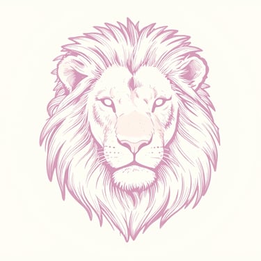 A minimalist hand-drawn botanical line art of a graceful lion head in soft dusty pink, clean off-white background, elegant editorial style