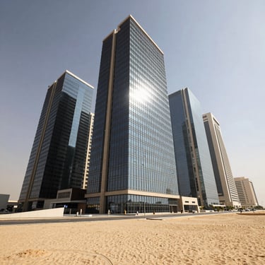 Wide-angle architectural photograph of a modern glass and steel skyscraper exterior in Riyadh under high-contrast desert sunlight, clean geometric lines, professional composition.