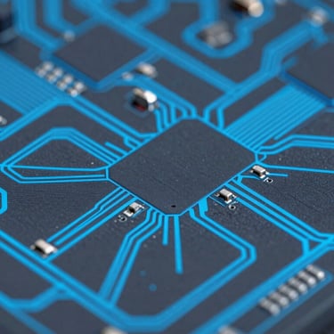 Crisp macro screenshot of a multi-layer high-density PCB layout in CAD software, bright blue and cyan trace paths on a dark slate background, sharp focus, 50mm