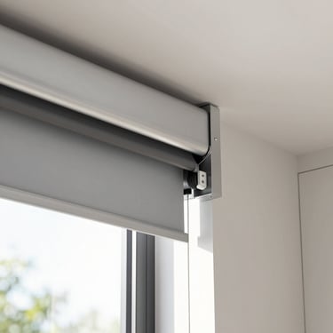 Detail of a modern motorized roller curtain mechanism, clean metal bracket, integrated silent motor, smart home compatible, 35mm