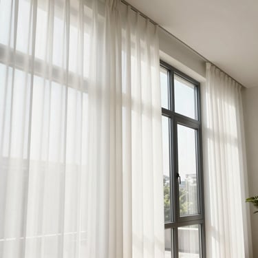 Modern vertical fabric bands in a floor-to-ceiling window of a contemporary house, adjustable light control, clean lines, 35mm