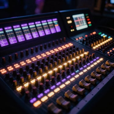 Close-up of a professional digital audio mixing console in a dark arena, glowing purple and amber LED meters, technical complexity, sharp focus, 35mm film grain