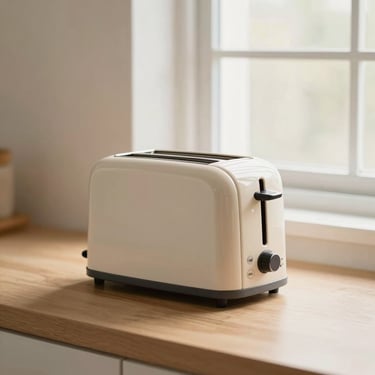 Straight-on shot of a compact cream-colored two-slice toaster, chrome accents, sitting on a light oak counter, soft window light.