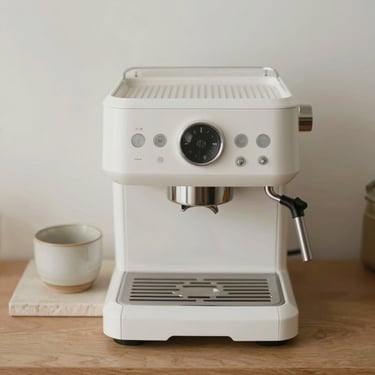 Overhead flat-lay of a minimalist espresso machine, matte white finish, next to a single ceramic cup on a stone tray.