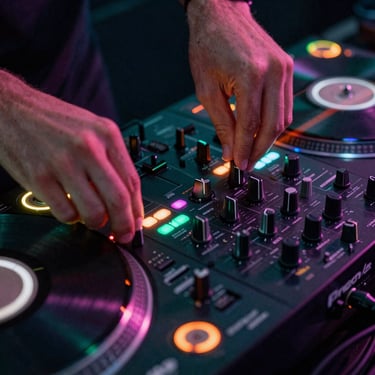 Close-up macro shot of a DJ mixer and vinyl turntables glowing under neon green and hot pink lights, hands adjusting a dial, gritty texture, wide-angle lens