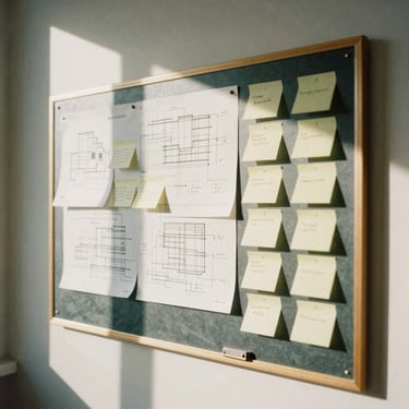 Physical planning boards with sticky notes and architectural sketches under soft window light, warm shadows, 35mm