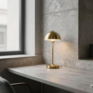 Quiet modern workspace with clean concrete lines and a single brass lamp, soft natural light, editorial 35mm