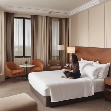 A cozy, well-lit hotel room with a plush king-sized bed and modern amenities.
