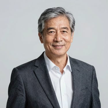 Professional studio portrait of an experienced male astrologer, gentle smile, executive style, neutral background