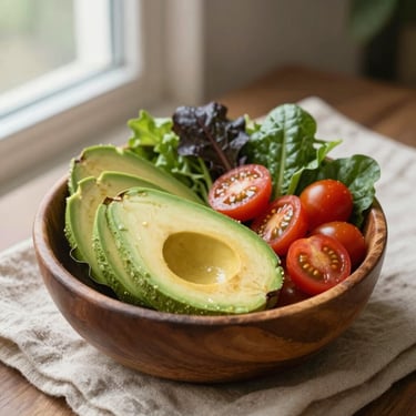 Square crop of a wooden bowl filled with colourful whole foods — sliced avocado, cherry tomatoes, dark leafy greens — on a linen cloth, soft window light from the left, clean and appetising