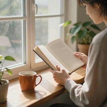 Square crop of a person sitting quietly by a sunlit window reading, a warm mug beside them, soft diffused afternoon light, indoor plants in the background, peaceful and unhurried