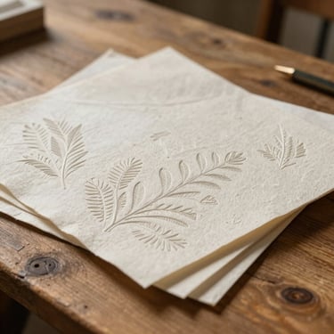A close-up of beautifully textured handmade paper sheets with embossed botanical patterns, resting on a rustic wooden table in a warm, sunlit studio.