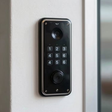Close-up of a secure keyless digital entry keypad mounted on a clean white wall next to a metallic door frame.