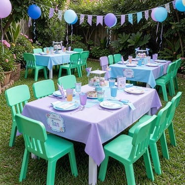 Fiesta infantil mobiliario verde lila azul