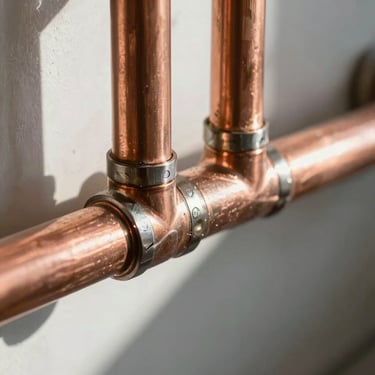 Close-up of clean copper plumbing pipes with professional solder joints, illuminated by bright natural work light.