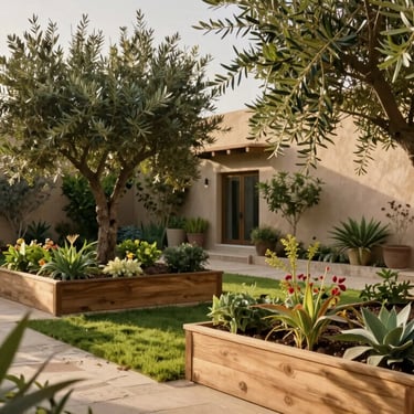 The hand of a gardener placing organic compost around the base of a young tree in a desert climate home garden, soft natural lighting.