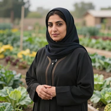 A portrait of a serene Middle Eastern / Gulf woman gardener in professional yet modest attire, standing in a vibrant vegetable garden with soft daylight.