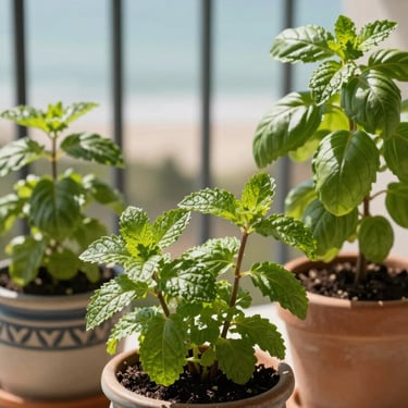 Close-up of organic herbs like mint and basil growing in decorative pots on a sunlit Gulf balcony.