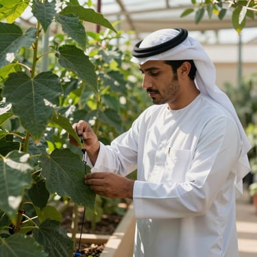 A professional agricultural engineer in a Middle Eastern / Gulf garden setting, inspecting a permaculture irrigation system, sunlight highlighting deep forest green leaves.