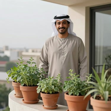 A Middle Eastern / Gulf man standing on a modern balcony filled with flourishing organic herbs in clay pots, smiling at the camera.