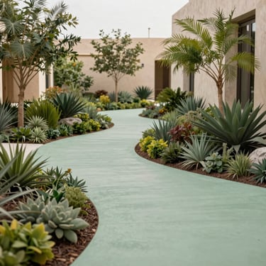 A beautiful landscape design for a small Middle Eastern / Gulf urban home, featuring sustainable plants and light sage green paths.