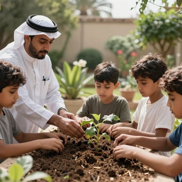An educational workshop for children in a Middle Eastern / Gulf garden, focusing on natural abundance and soil health.