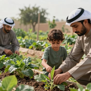 A Middle Eastern / Gulf family working together in a sustainable backyard garden, emphasizing community and eco-conscious living.