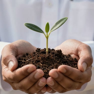 Lush green seedlings growing in rich, healthy soil, showcasing regenerative agriculture techniques in a sunny courtyard.