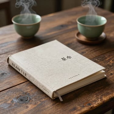 A linen-bound brand book resting on a rustic wooden table, steam rising from a nearby green ceramic cup, diffused side lighting.