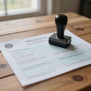 Close-up of an official stamped vehicle registration document lying on a wooden farm table, ink stamp clearly visible, natural window light from the side, documentary detail shot
