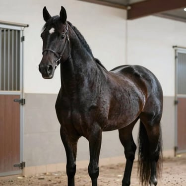 A striking black racehorse standing proudly in a clean stable, soft side lighting highlighting its muscular conformation.