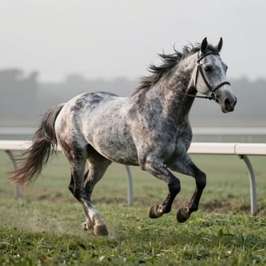 A sleek grey thoroughbred horse galloping on a turf track during early morning trackwork, mist rising from the grass.