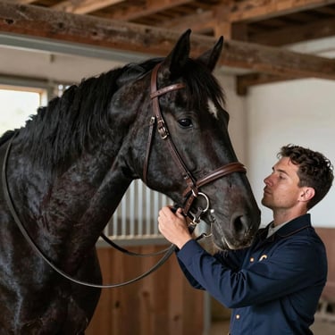 A trainer gently adjusting a leather bridle on a calm black horse inside a traditional timber stable.