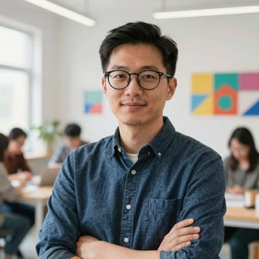 A medium close-up of a professional male founder with glasses in a collaborative workshop space, creative studio background, bright natural lighting, confident expression.