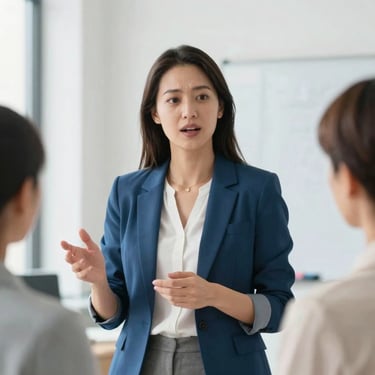 A medium close-up of an expressive female team leader gesturing confidently during a presentation, bright high-key lighting, clean modern office background, professional attire.