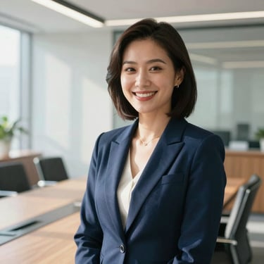 A medium close-up of a confident female executive in a sunlit modern boardroom, wearing a tailored navy blazer, smiling warmly, bright daylight, shallow depth of field.
