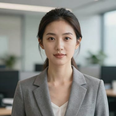 A portrait of a woman looking forward with confidence and peace, soft natural light hitting her face, background is a blurred professional office setting. Colors include #7A6F6D and #B7B0A9.