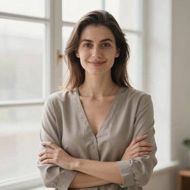 A woman standing confidently in front of a bright window, arms crossed, smiling softly. The lighting is warm and empowering. Palette: #F6F4F0 and #7A6F6D.