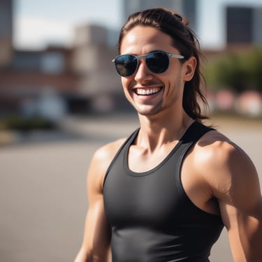 Man happily checking his progress on the racetoshine app during a morning run.